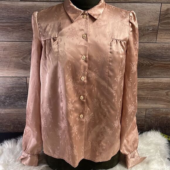 Beautiful Handmade Button Up Blouse, Dusty Rose Silk Feel, Description for Size - Picture 2 of 9
